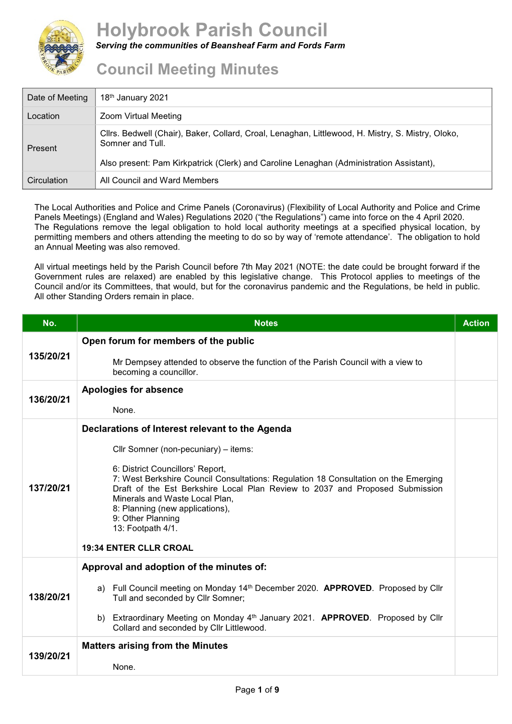 Full Council Minutes 18Th January 2021