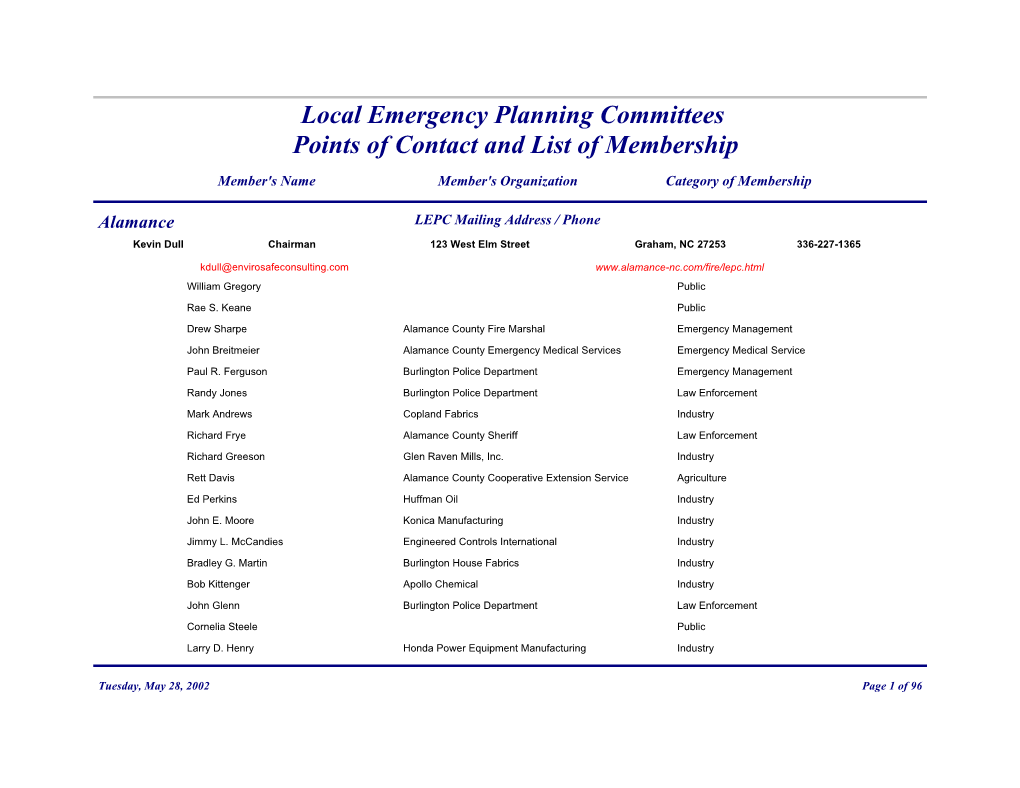 Local Emergency Planning Committees Points of Contact and List of Membership