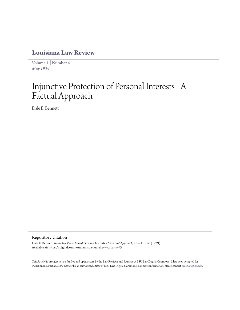 Injunctive Protection of Personal Interests - a Factual Approach Dale E