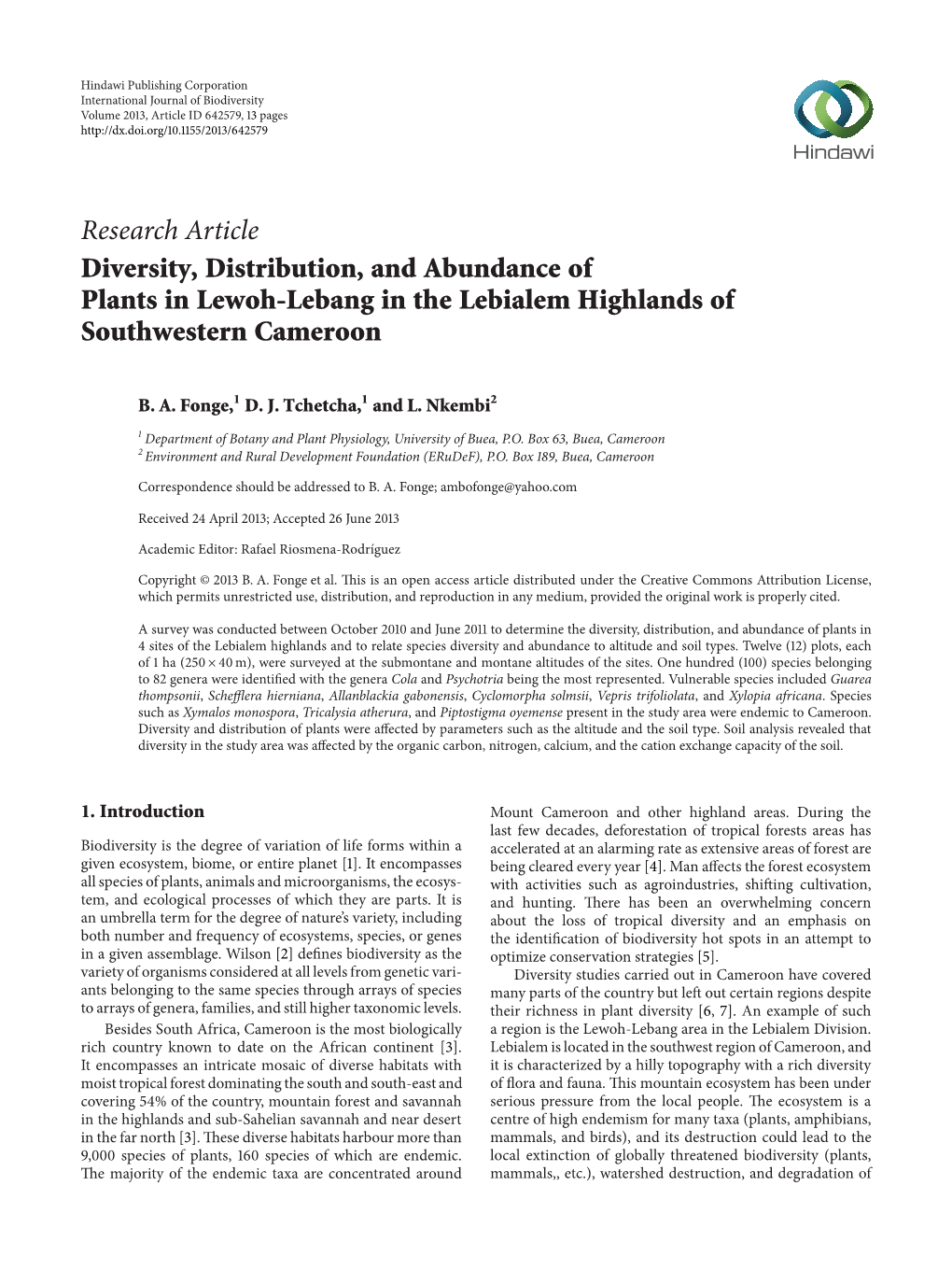 Diversity, Distribution, and Abundance of Plants in Lewoh-Lebang in the Lebialem Highlands of Southwestern Cameroon