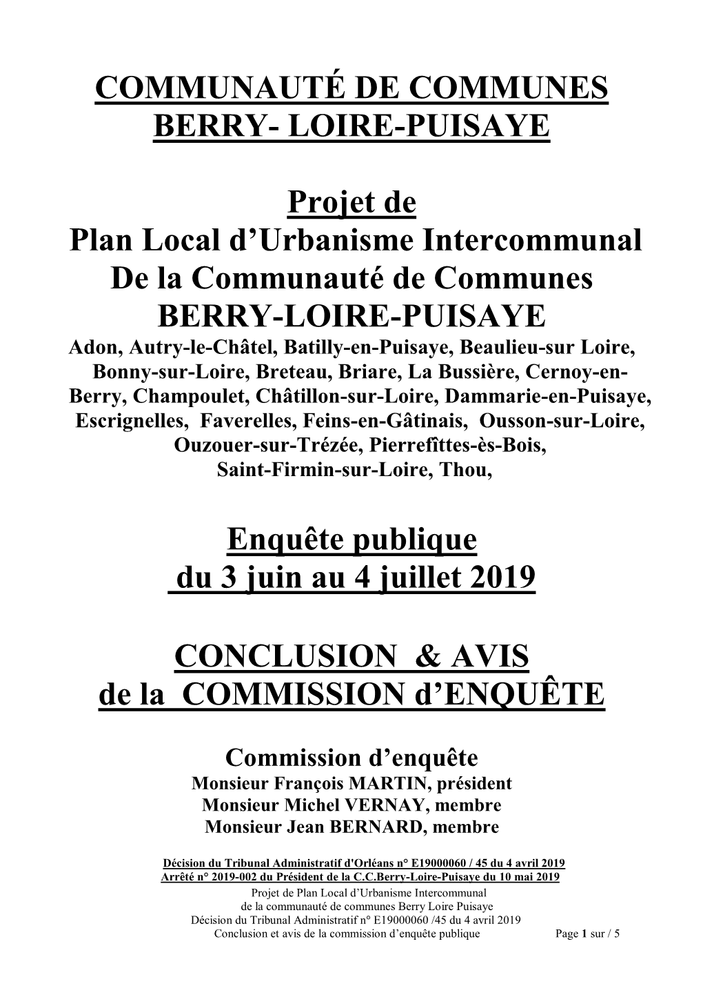 LOIRE-PUISAYE Projet De Plan Local D'urbanisme Intercommunal De La