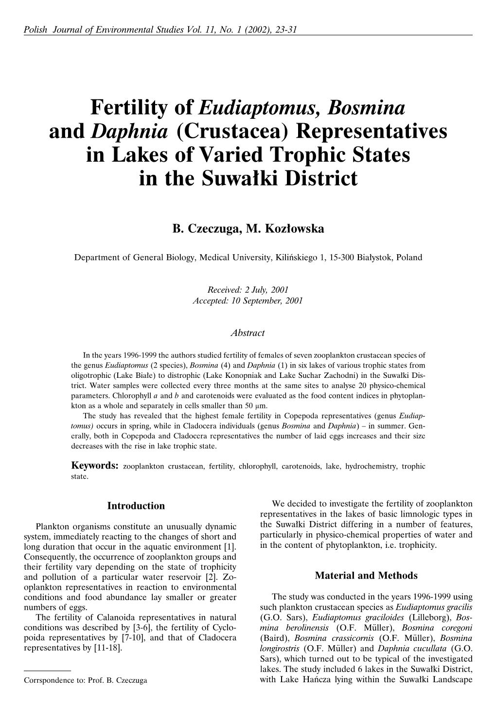 Fertility of Eudiaptomus, Bosmina and Daphnia (Crustacea) Representatives in Lakes of Varied Trophic States in the Suwałki District