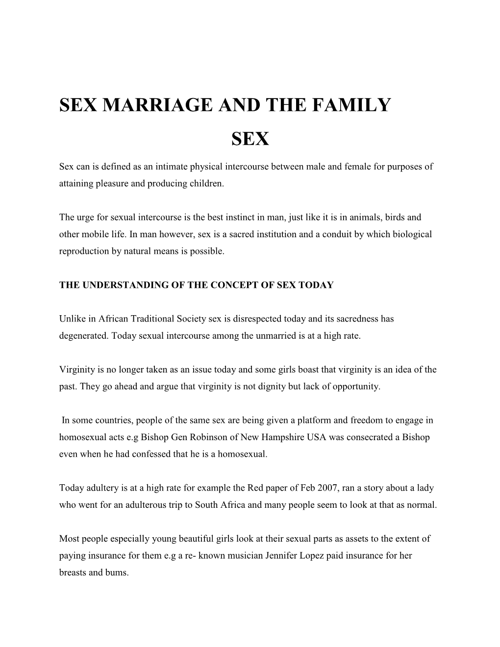 Sex Marriage and the Family Sex