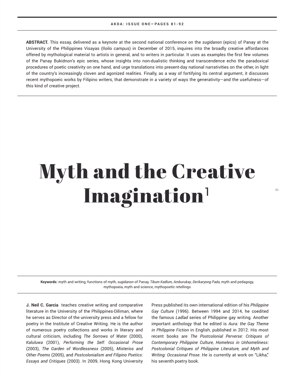 Myth and the Creative Imagination1 81