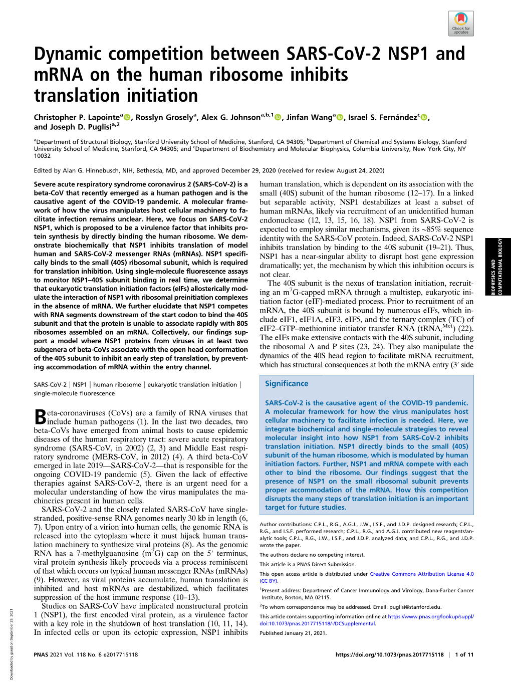 Dynamic Competition Between SARS-Cov-2 NSP1 and Mrna on the Human Ribosome Inhibits Translation Initiation