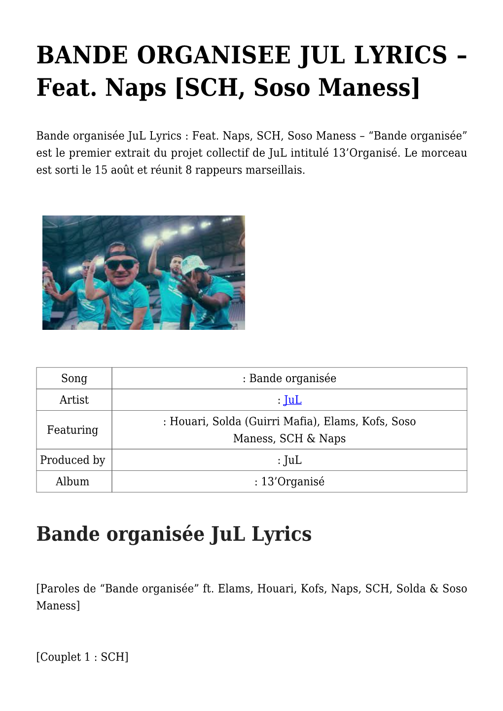 BANDE ORGANISEE JUL LYRICS &#8211; Feat. Naps [SCH, Soso Maness]