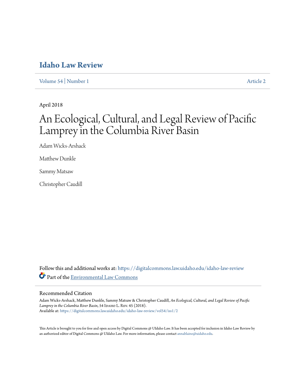 An Ecological, Cultural, and Legal Review of Pacific Lamprey in the Columbia River Basin Adam Wicks-Arshack