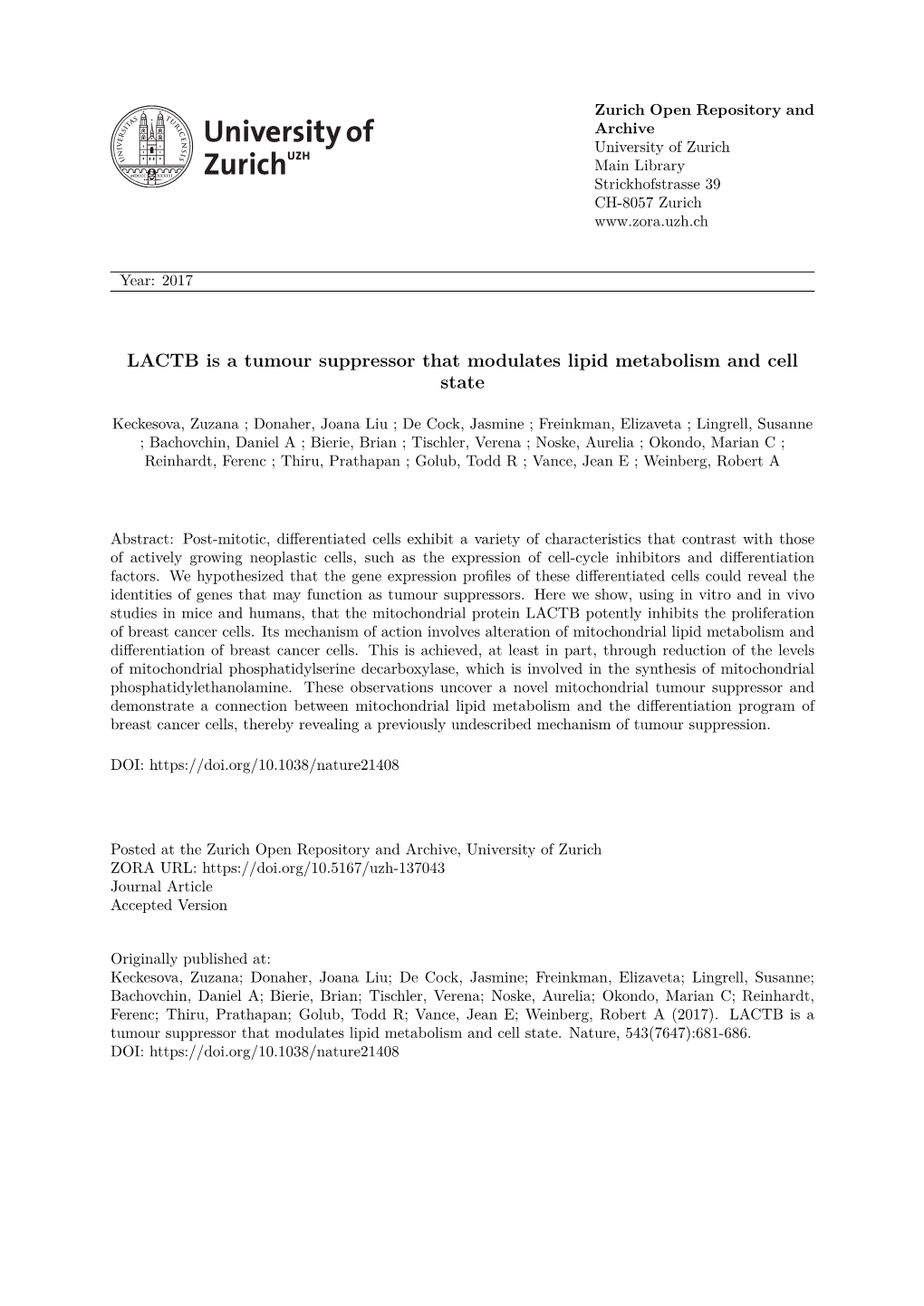 LACTB, a Tumor Suppressor That Modulates Lipid Metabolism and Differentiation