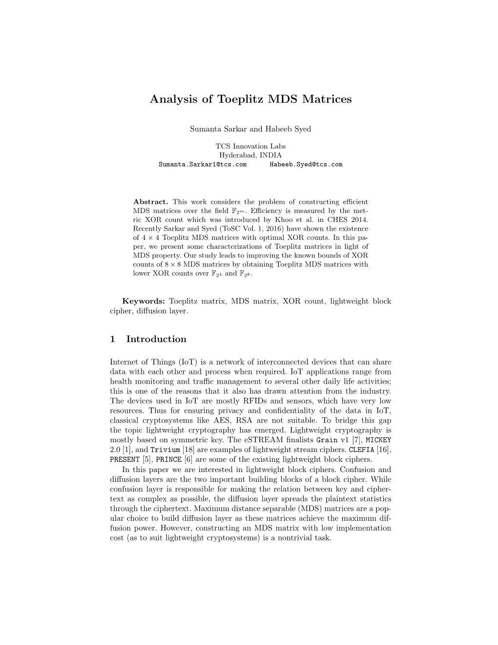 Analysis of Toeplitz MDS Matrices