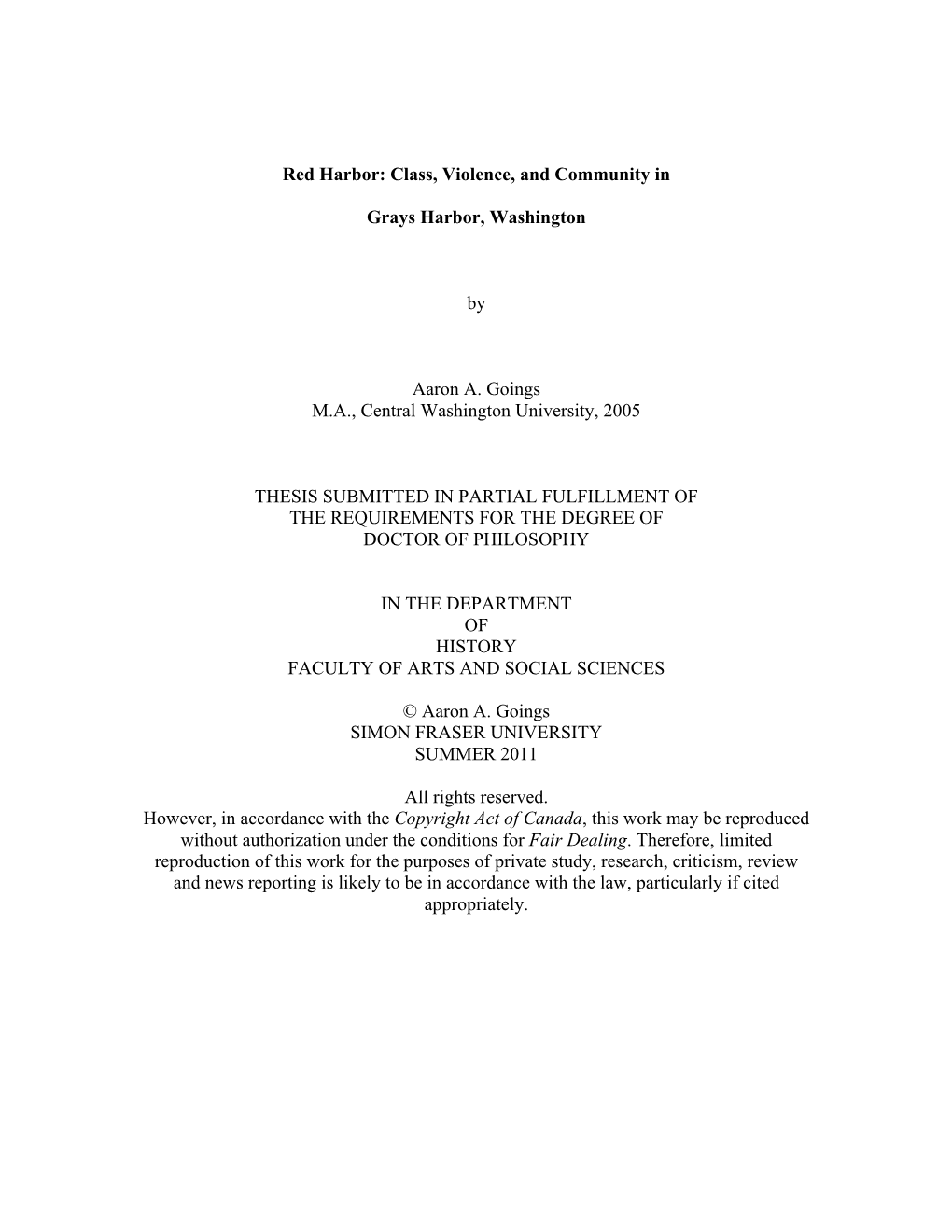 Red Harbor: Class, Violence, and Community in Grays Harbor, Washington