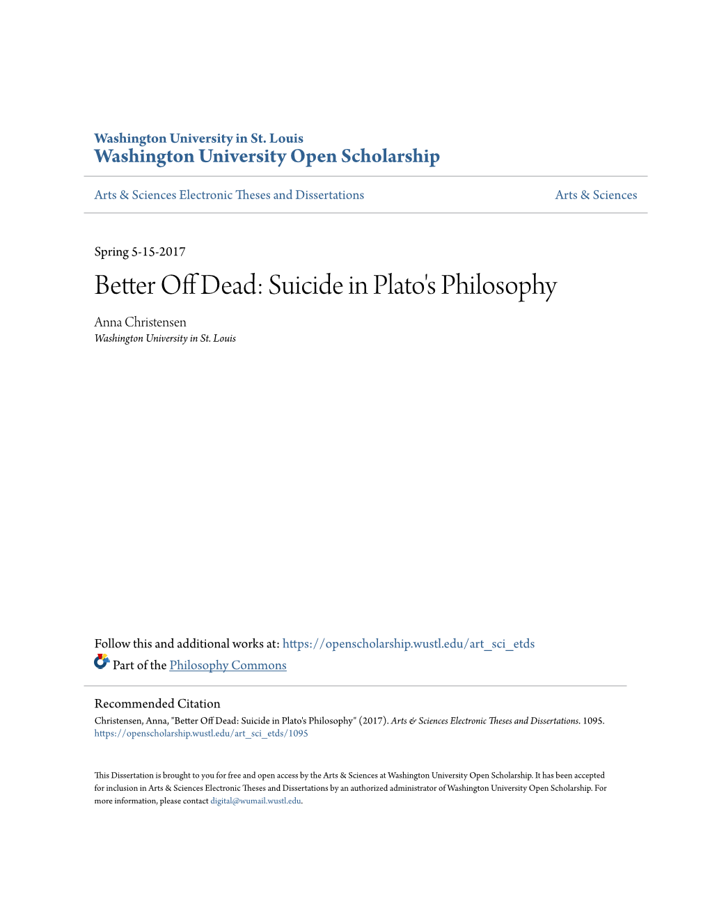 Suicide in Plato's Philosophy Anna Christensen Washington University in St