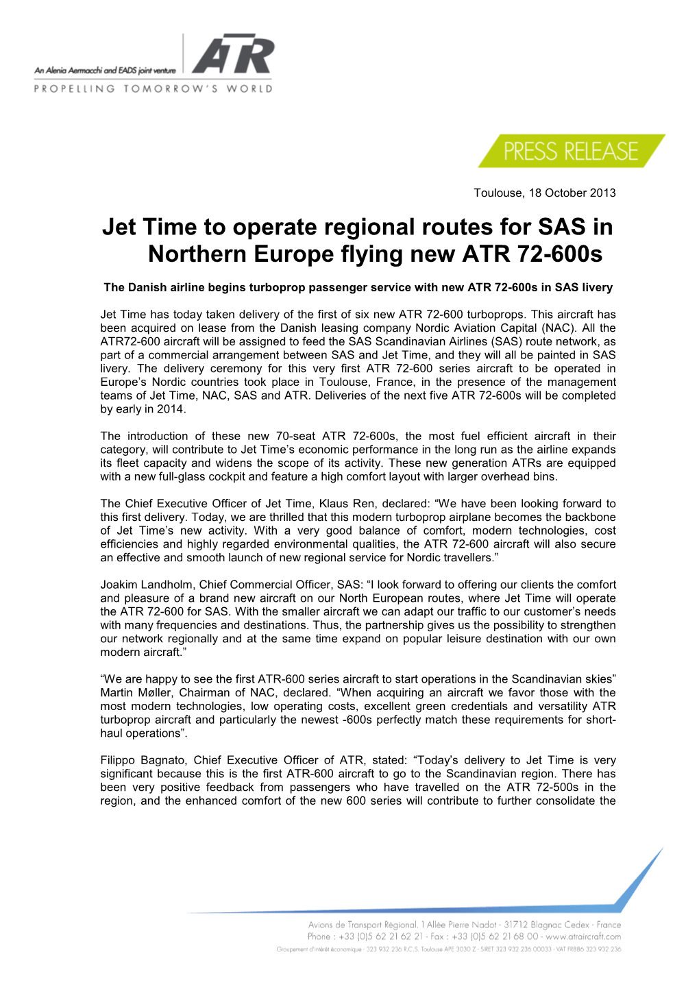 Jet Time to Operate Regional Routes for SAS in Northern Europe Flying New ATR 72-600S