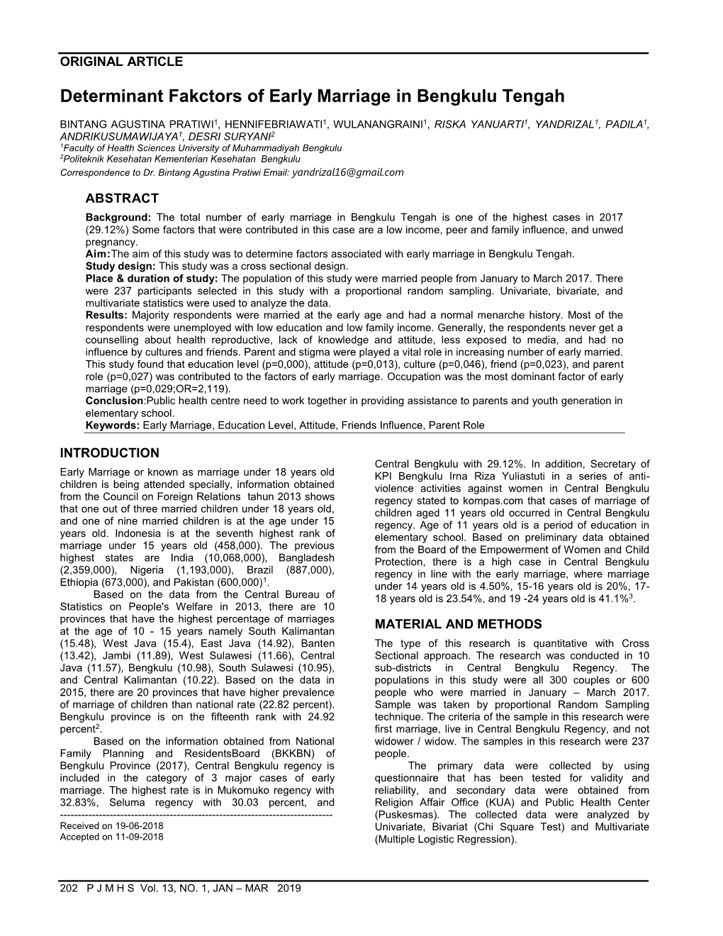 Determinant Fakctors of Early Marriage in Bengkulu Tengah