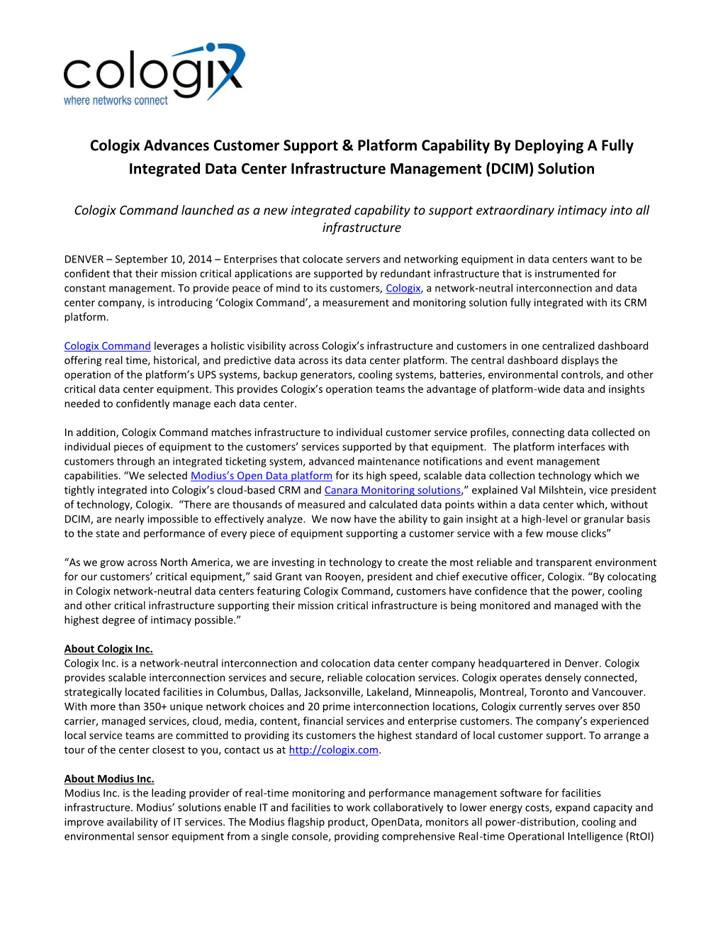 Cologix Advances Customer Support & Platform Capability by Deploying a Fully Integrated Data Center Infrastructure Managemen