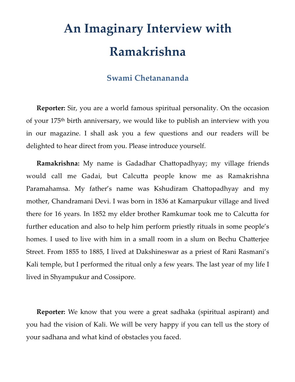 An Imaginary Interview with Ramakrishna