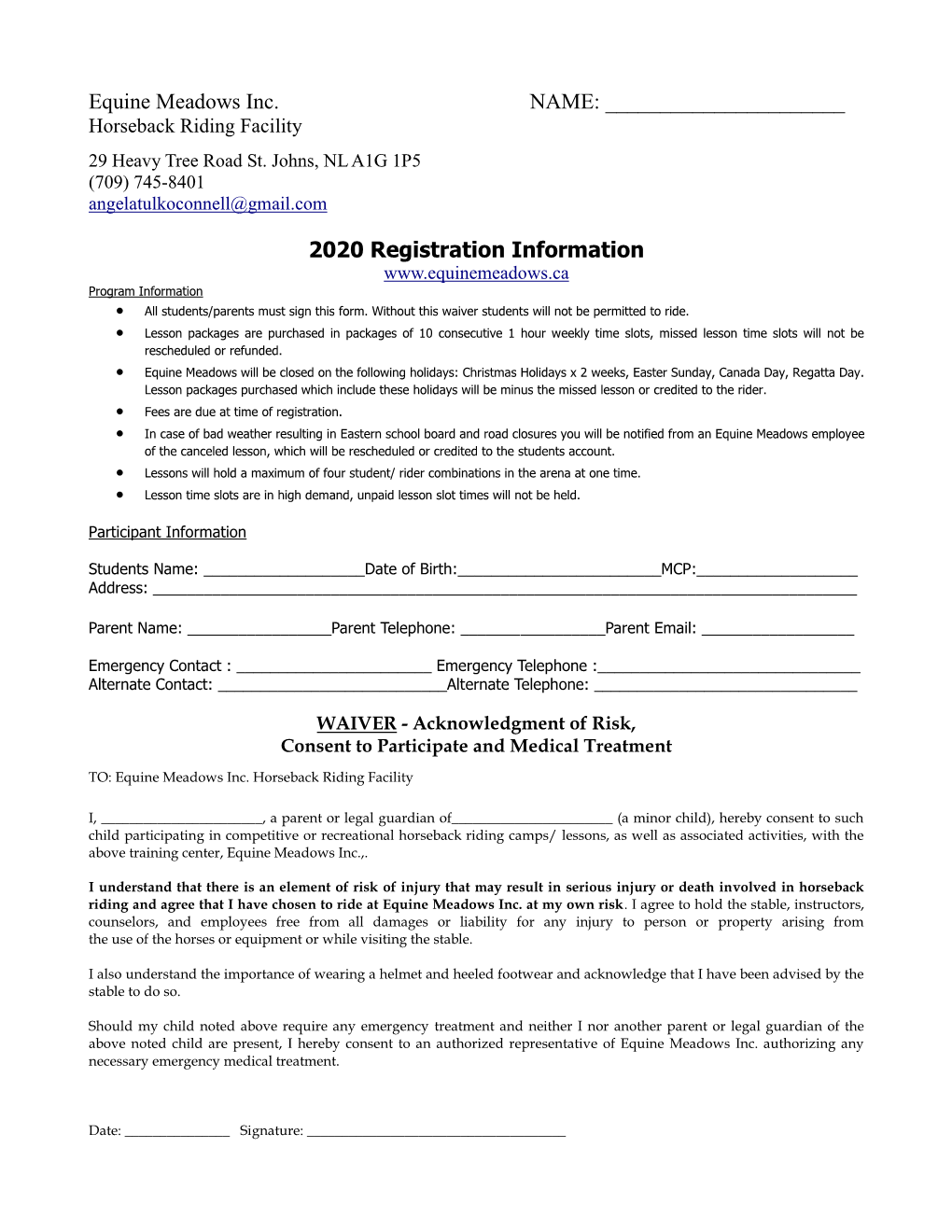 Equine Meadows Inc. NAME: 2020 Registration