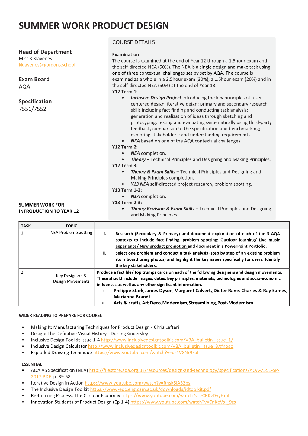 Design and Technology: Product Design Non-Exam Assessment (NEA) June 2020