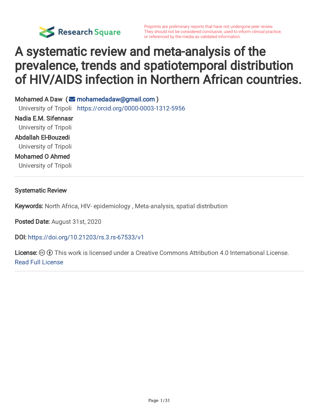 A Systematic Review and Meta-Analysis of the Prevalence, Trends and Spatiotemporal Distribution of HIV/AIDS Infection in Northern African Countries