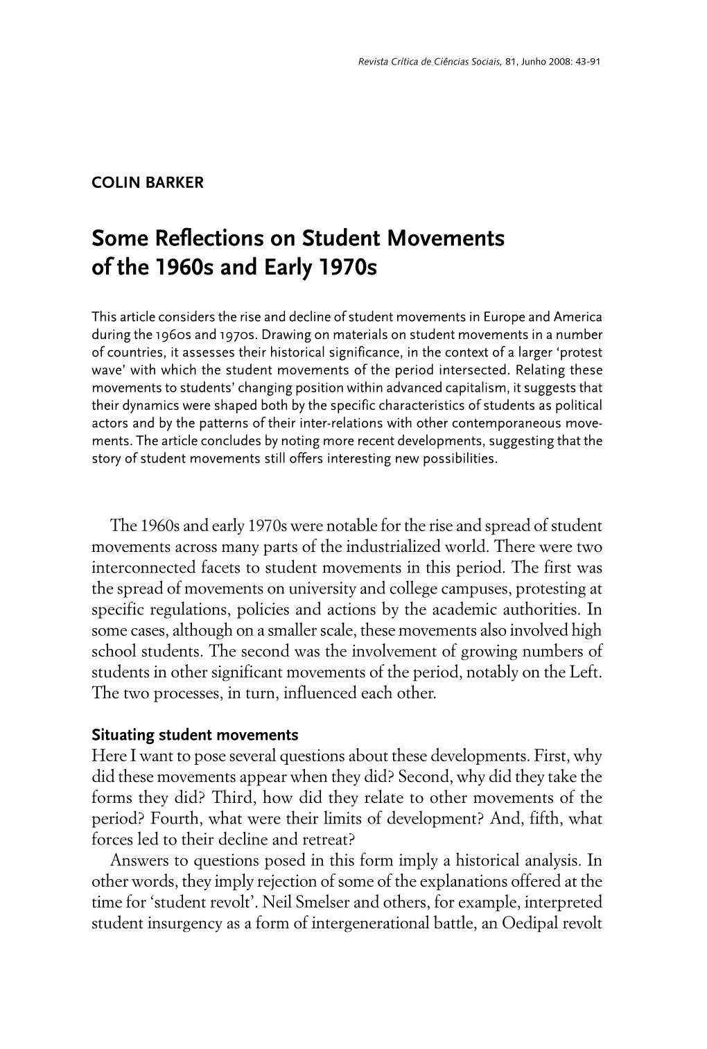 Some Reflections on Student Movements of the 1960S and Early 1970S