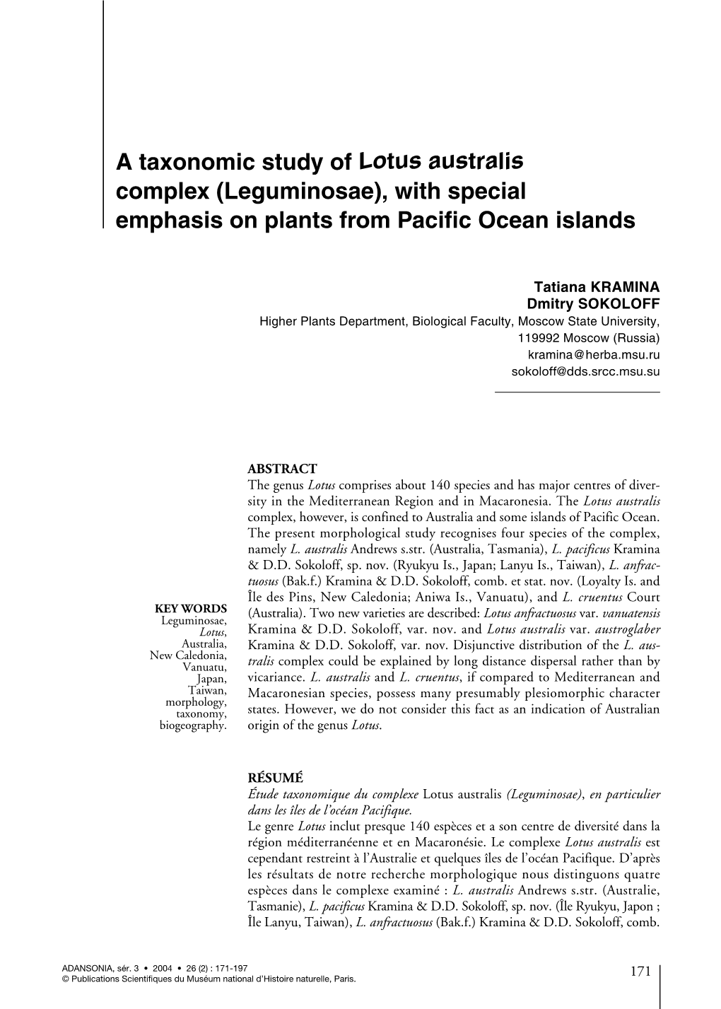 A Taxonomic Study of Lotus Australis Complex (Leguminosae), with Special Emphasis on Plants from Pacific Ocean Islands