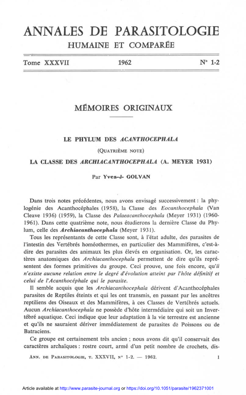 Le Phylum Des Acanthocephala. (Quatrième Note). La Classe Des Archiacanthocephala (A. Meyer 1931)