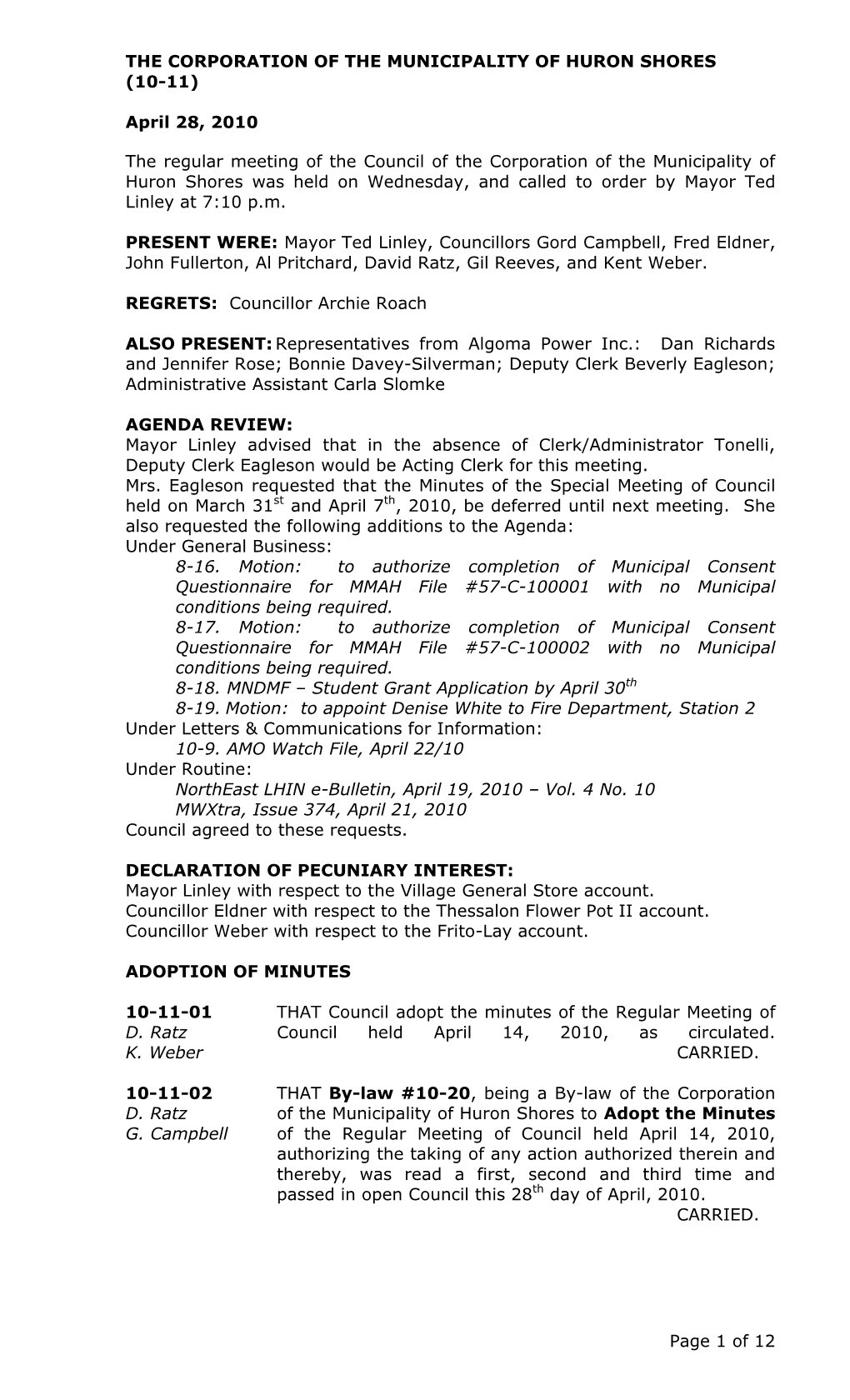 April 28, 2010 Page 1 of 12 the Regular Meeting of the Council of Th