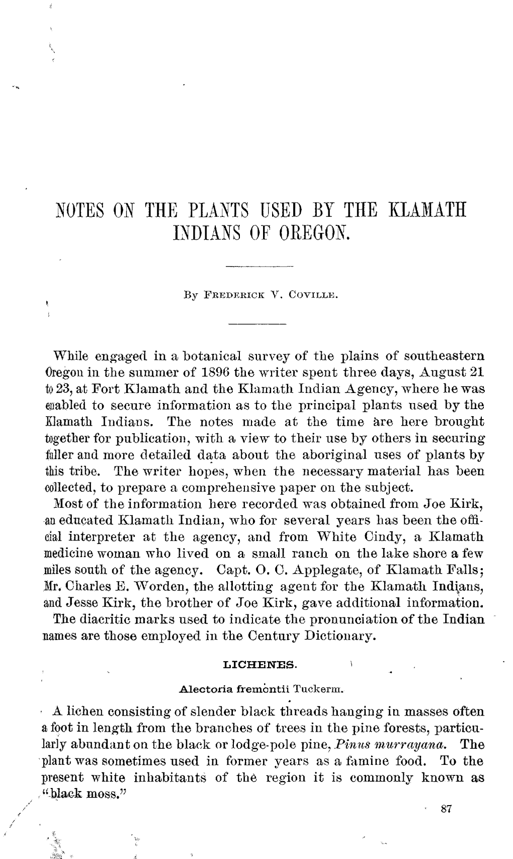 Notes on the Plants Used by the Klamath Indians of Oregon, 1897