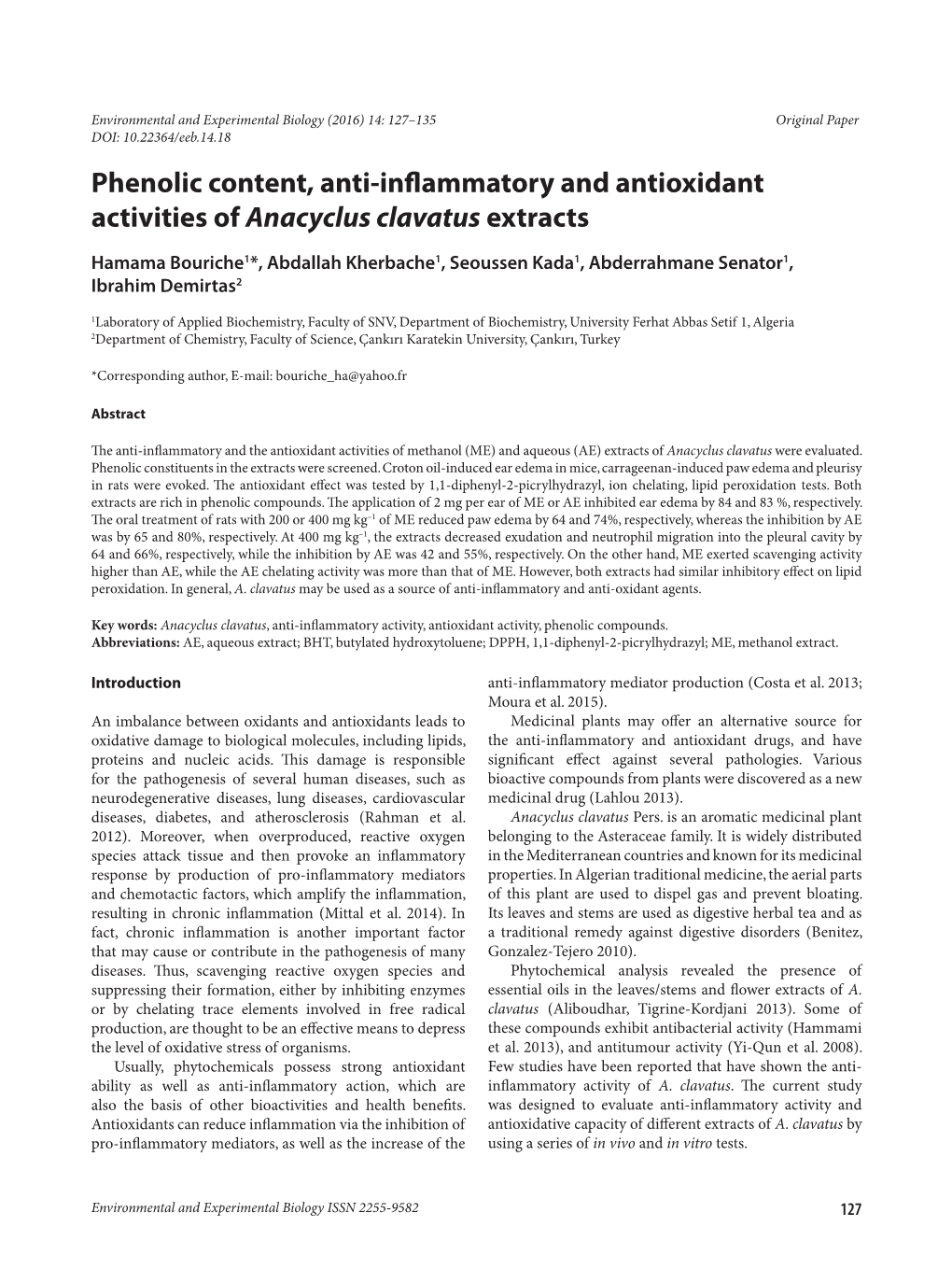 Phenolic Content, Anti-Inflammatory and Antioxidant Activities of Anacyclus Clavatus Extracts
