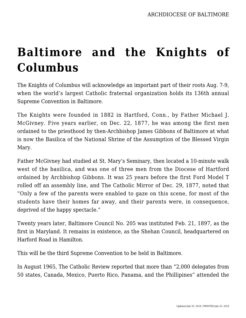 Baltimore and the Knights of Columbus