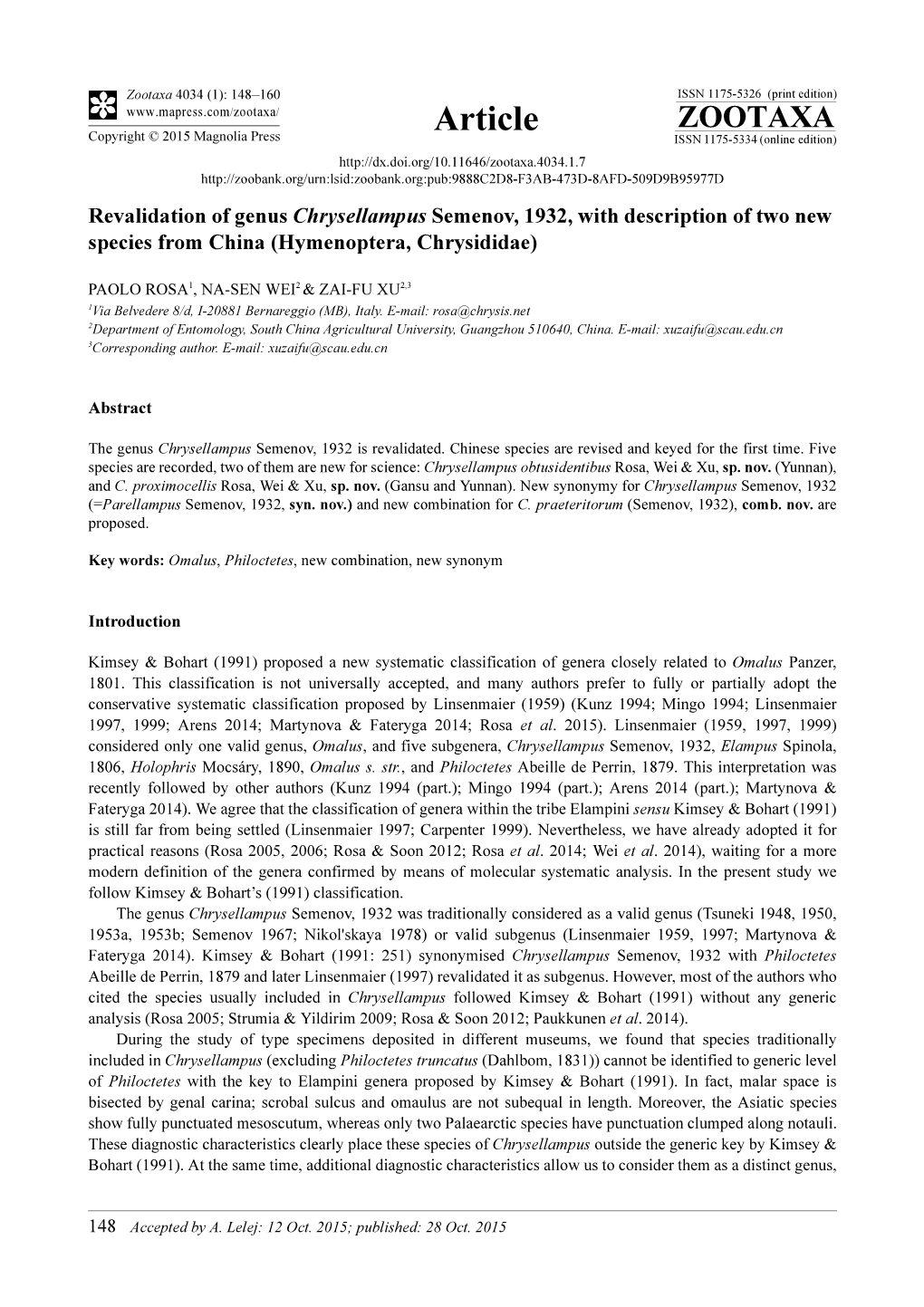 Revalidation of Genus Chrysellampus Semenov, 1932, with Description of Two New Species from China (Hymenoptera, Chrysididae)