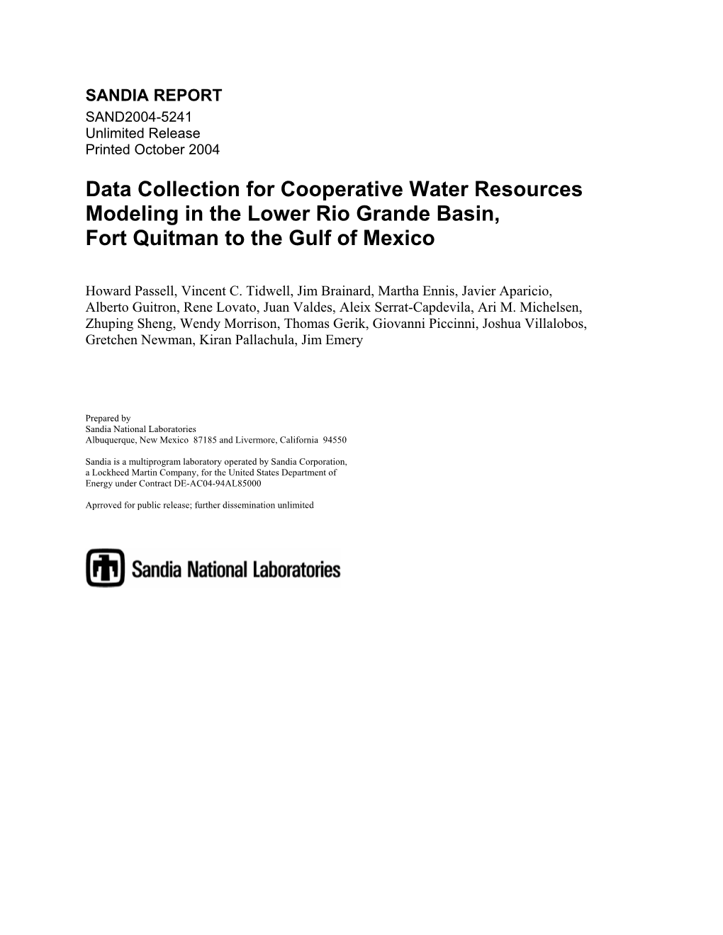 Data Collection for Cooperative Water Resources Modeling in the Lower Rio Grande Basin, Fort Quitman to the Gulf of Mexico