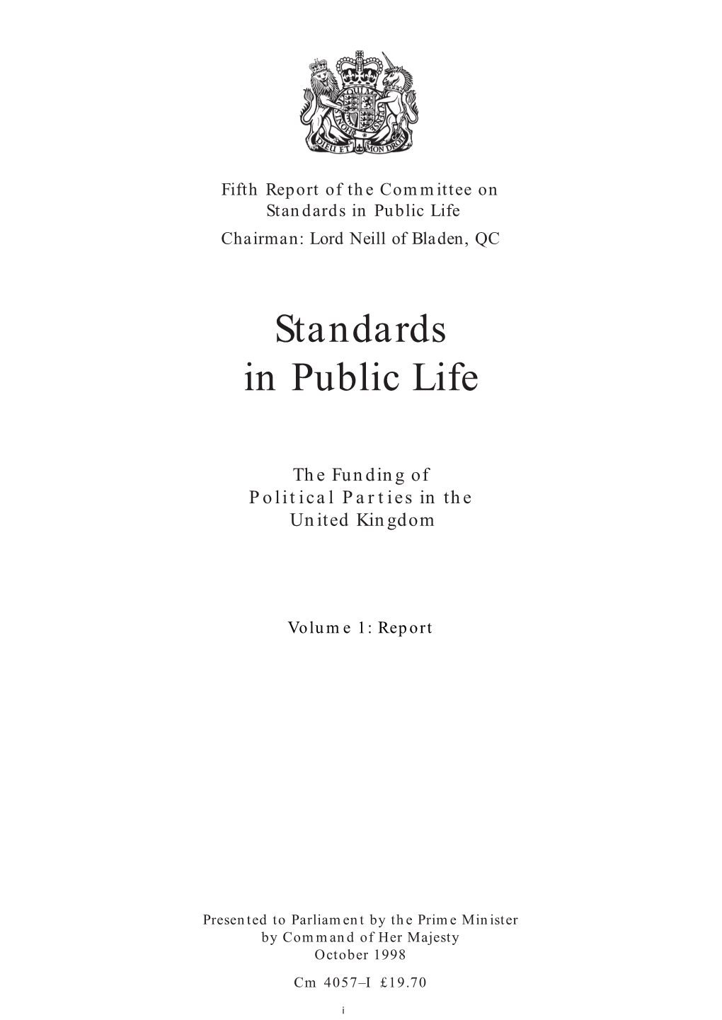 Fifth Report of the Committee on Standards in Public Life Chairman: Lord Neill of Bladen, QC