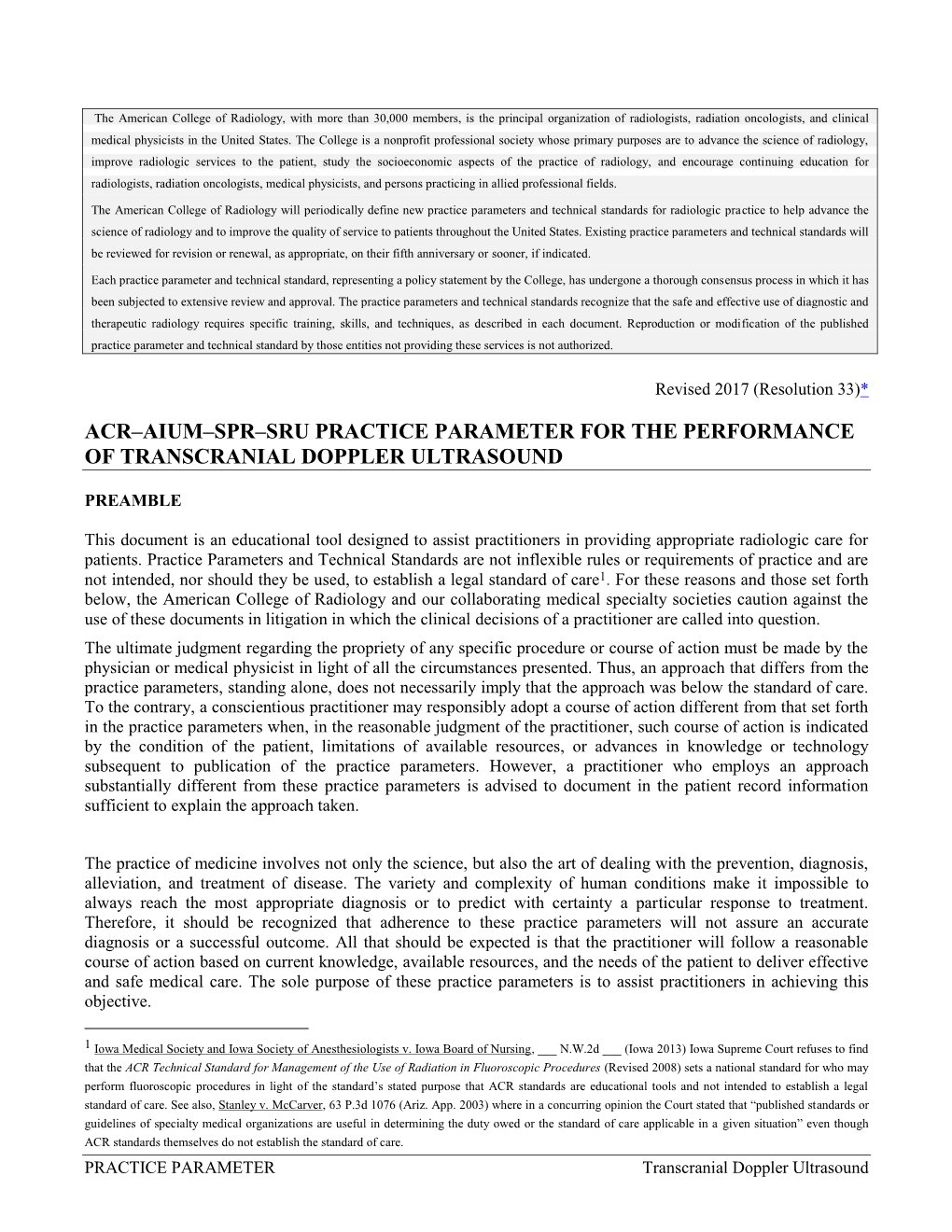 Acr–Aium–Spr–Sru Practice Parameter for the Performance of Transcranial Doppler Ultrasound