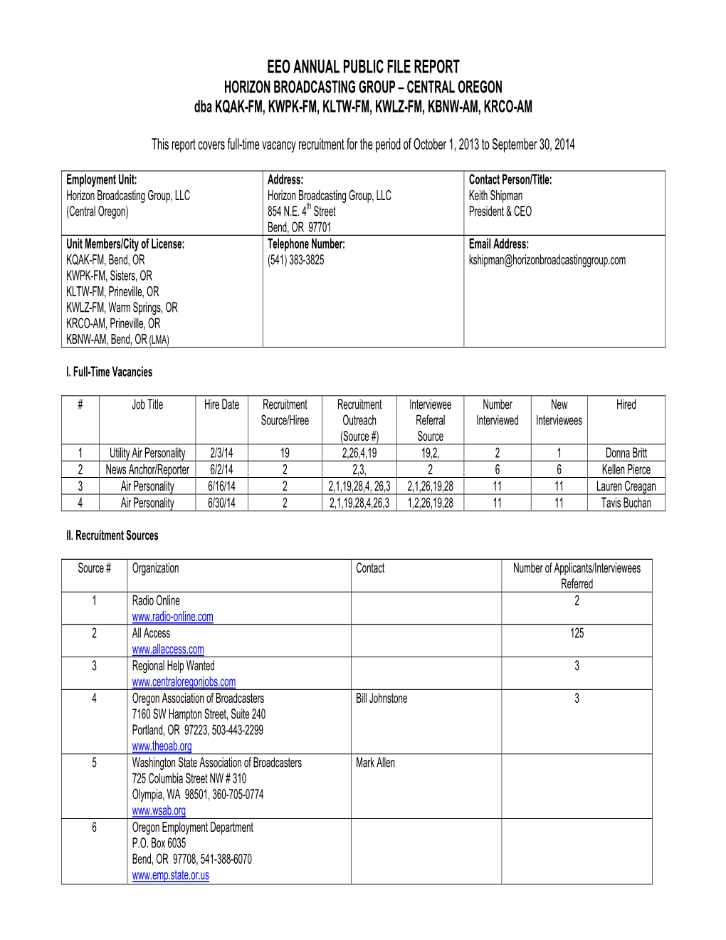 EEO ANNUAL PUBLIC FILE REPORT HORIZON BROADCASTING GROUP – CENTRAL OREGON Dba KQAK-FM, KWPK-FM, KLTW-FM, KWLZ-FM, KBNW-AM, KRCO-AM