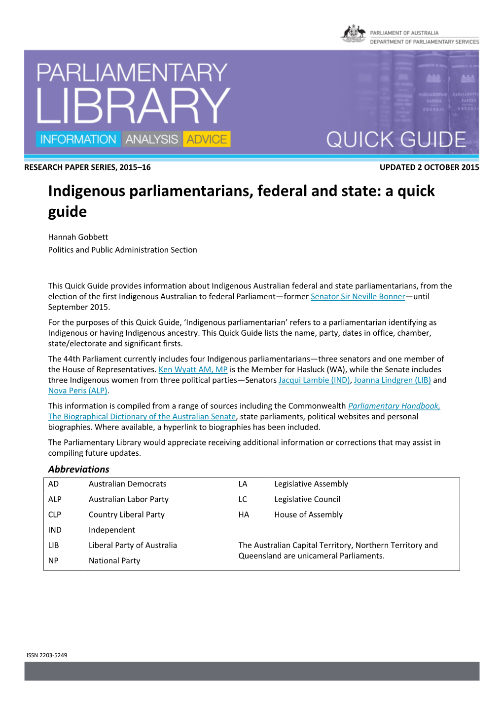 Indigenous Parliamentarians, Federal and State: a Quick Guide