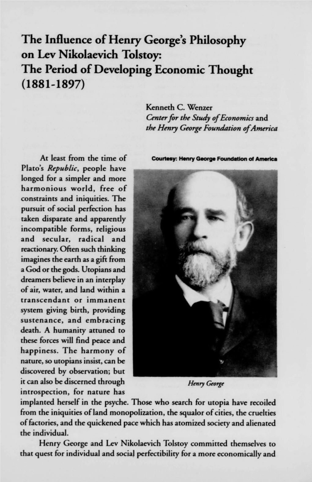 The Influence of Henry Georges Philosophy on Lev Nikolaevich Tolnst Tle Period of Developing Economic Thought (1881-1897)