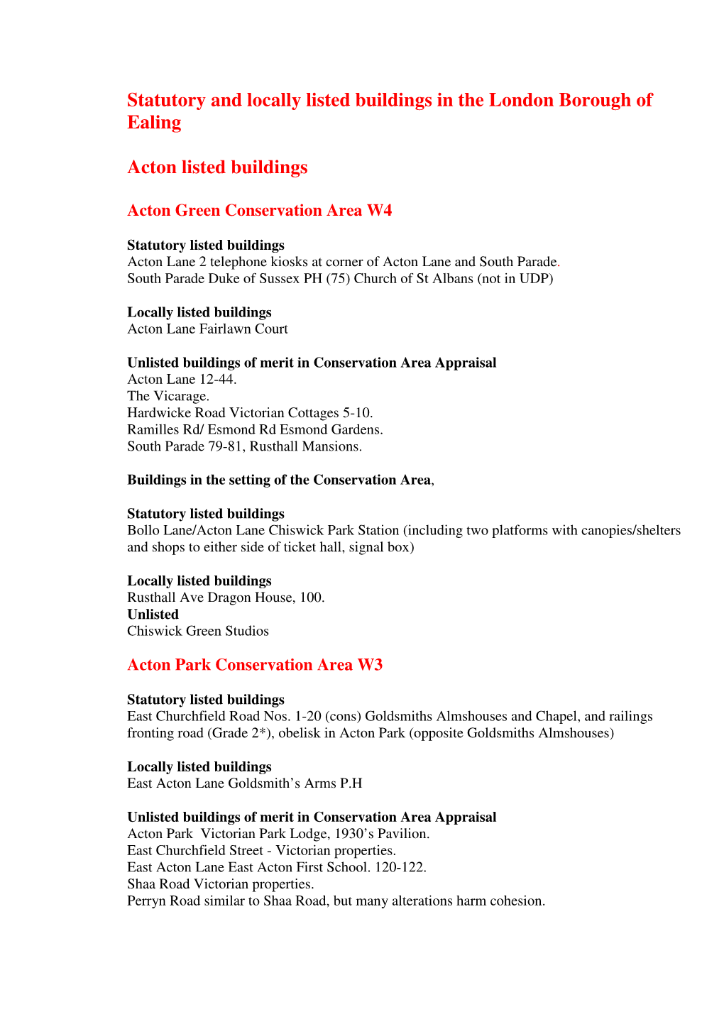 Statutory and Locally Listed Buildings in the London Borough of Ealing