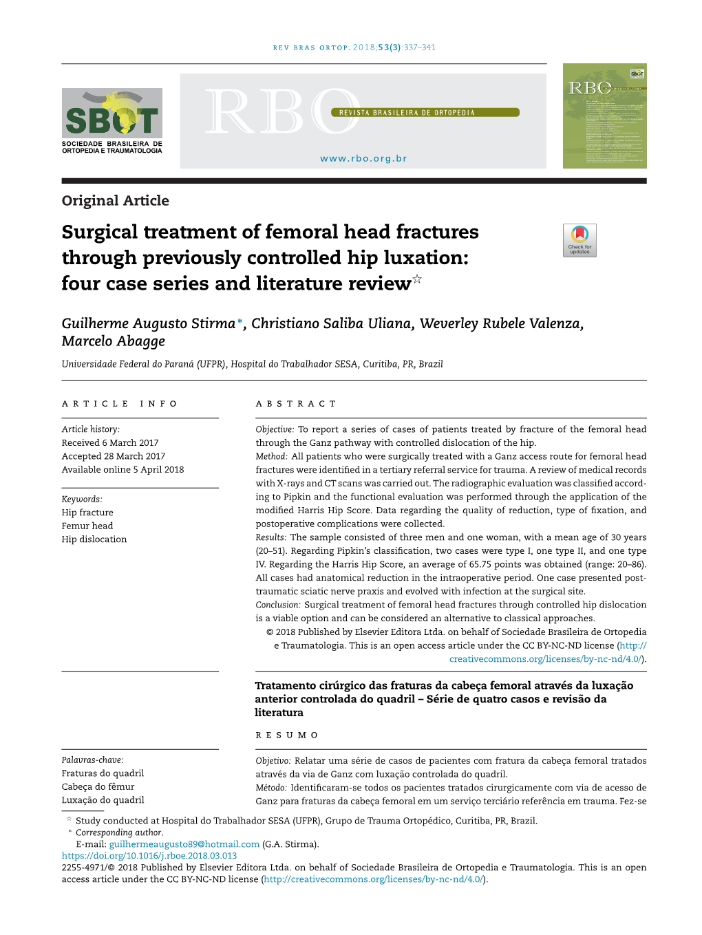 Surgical Treatment of Femoral Head Fractures Through Controlled Hip Dislocation