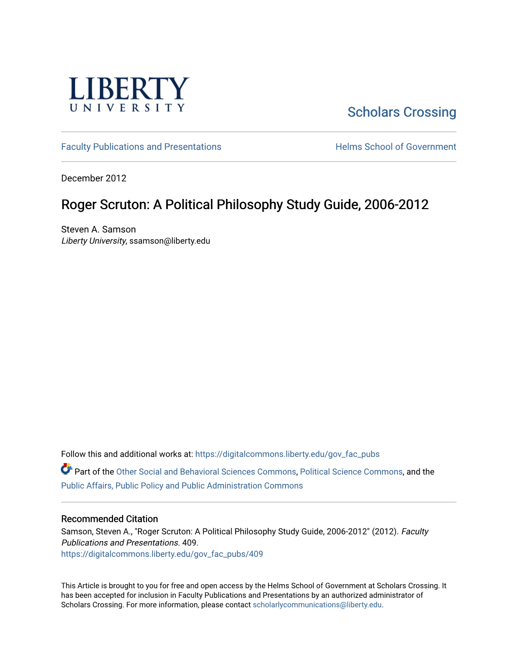 Roger Scruton: a Political Philosophy Study Guide, 2006-2012