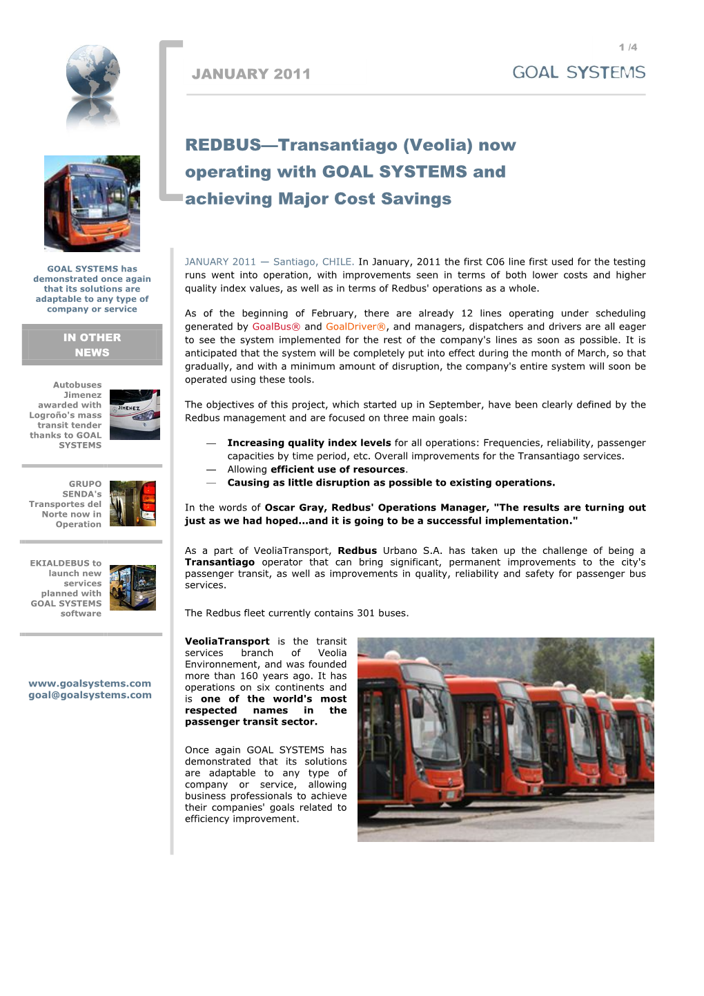 REDBUS—Transantiago (Veolia) Now Operating with GOAL SYSTEMS and Achieving Major Cost Savings