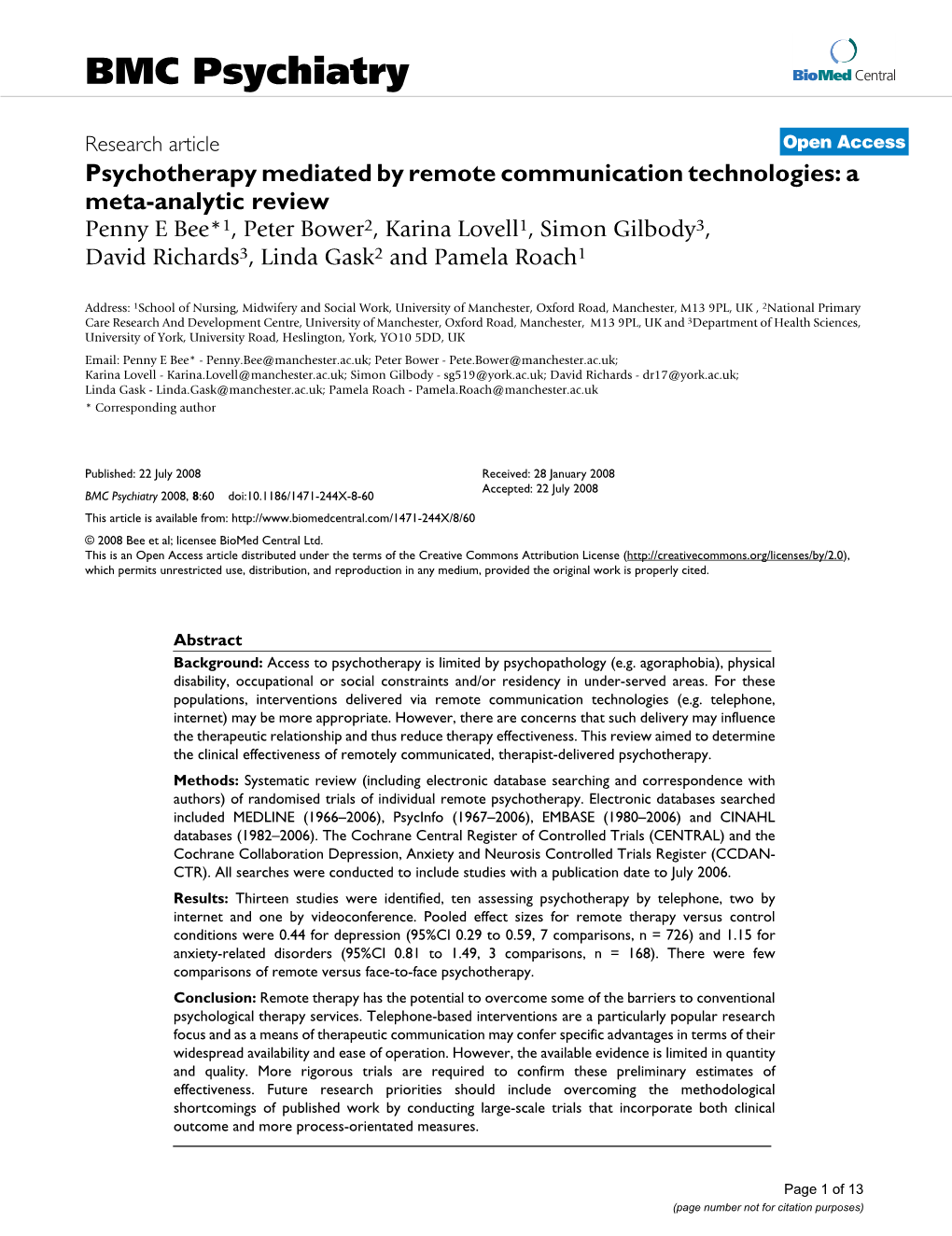 Psychotherapy Mediated by Remote Communication Technologies: A