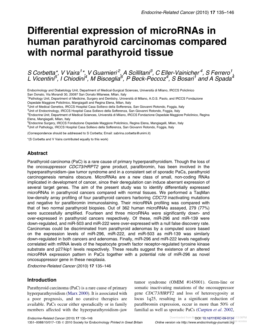 Differential Expression of Micrornas in Human Parathyroid Carcinomas Compared with Normal Parathyroid Tissue