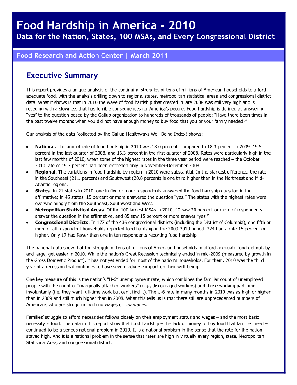 Food Hardship in America - 2010 Data for the Nation, States, 100 Msas, and Every Congressional District