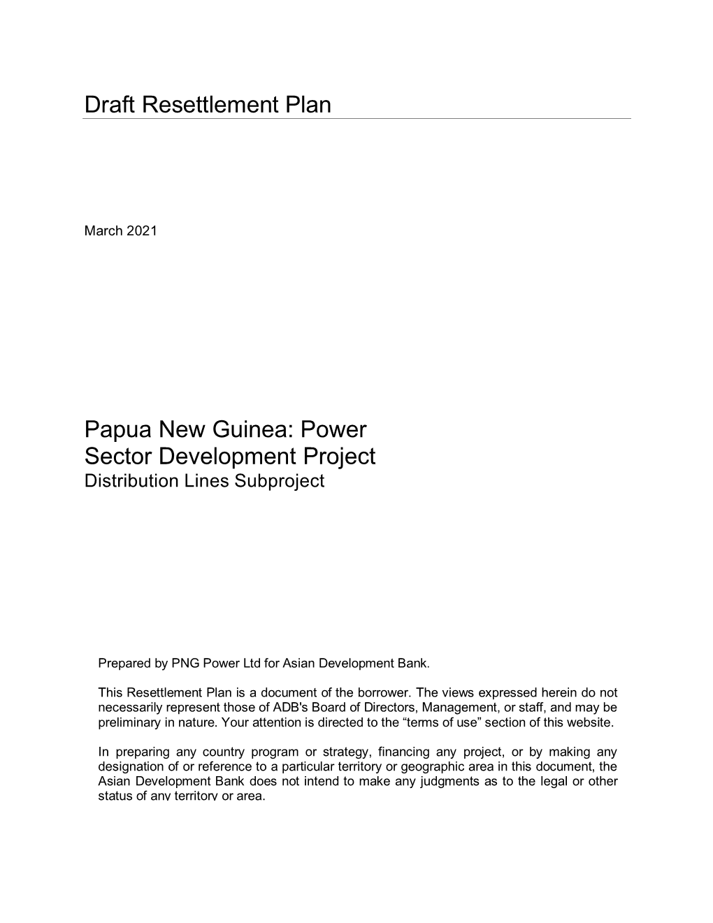 Draft Resettlement Plan Papua New Guinea: Power Sector Development