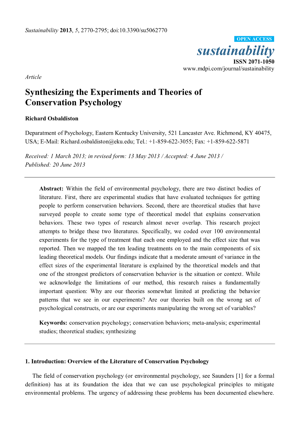 Synthesizing the Experiments and Theories of Conservation Psychology