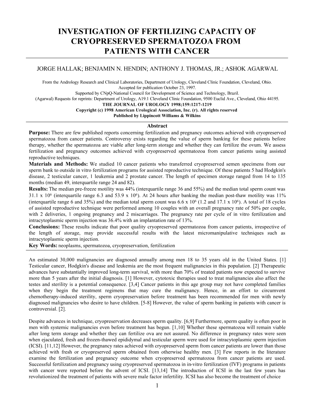 Investigation of Fertilizing Capacity of Cryopreserved Spermatozoa from Patients with Cancer