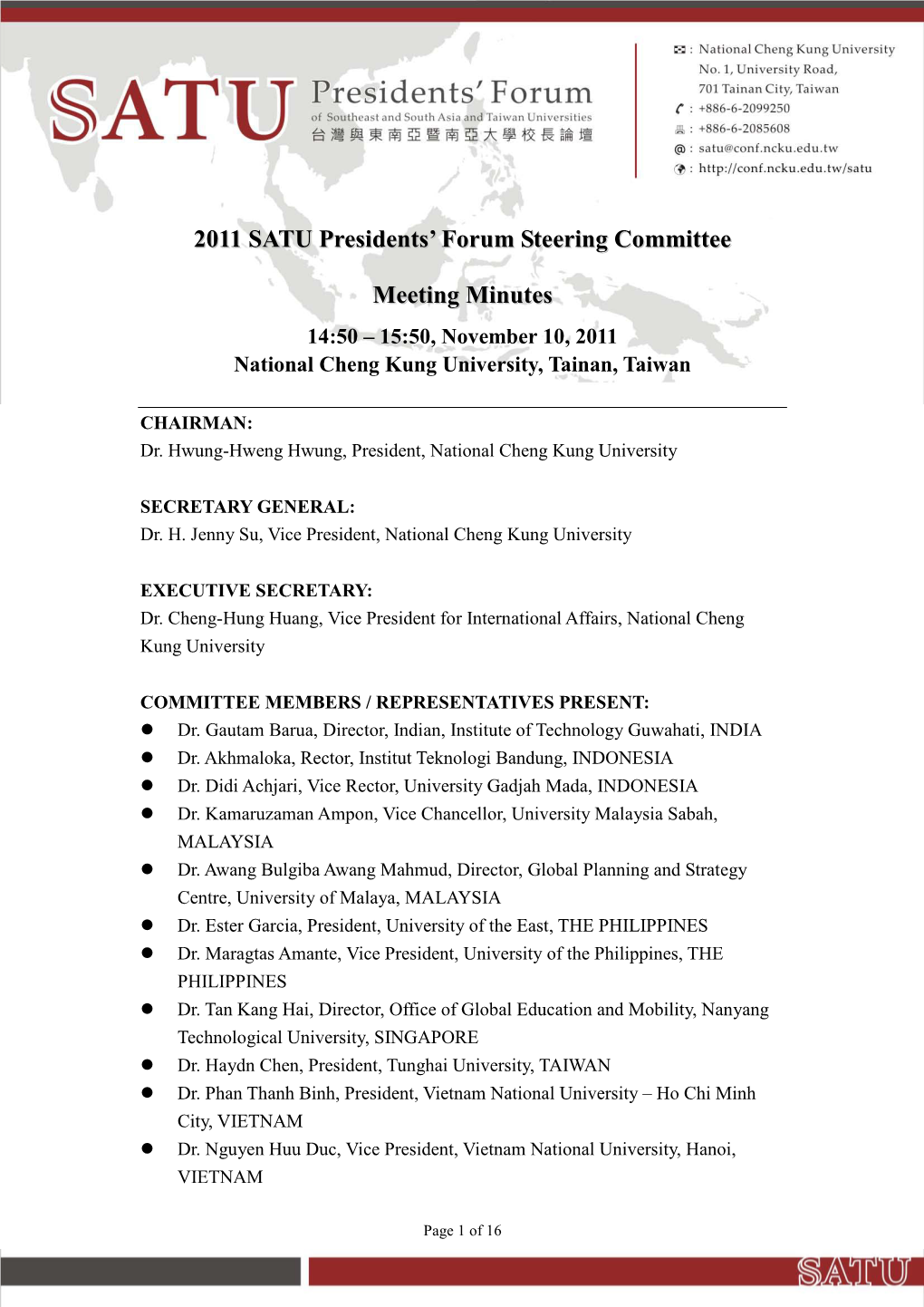 2011 SATU Presidents' Forum Steering Committee Meeting Minutes