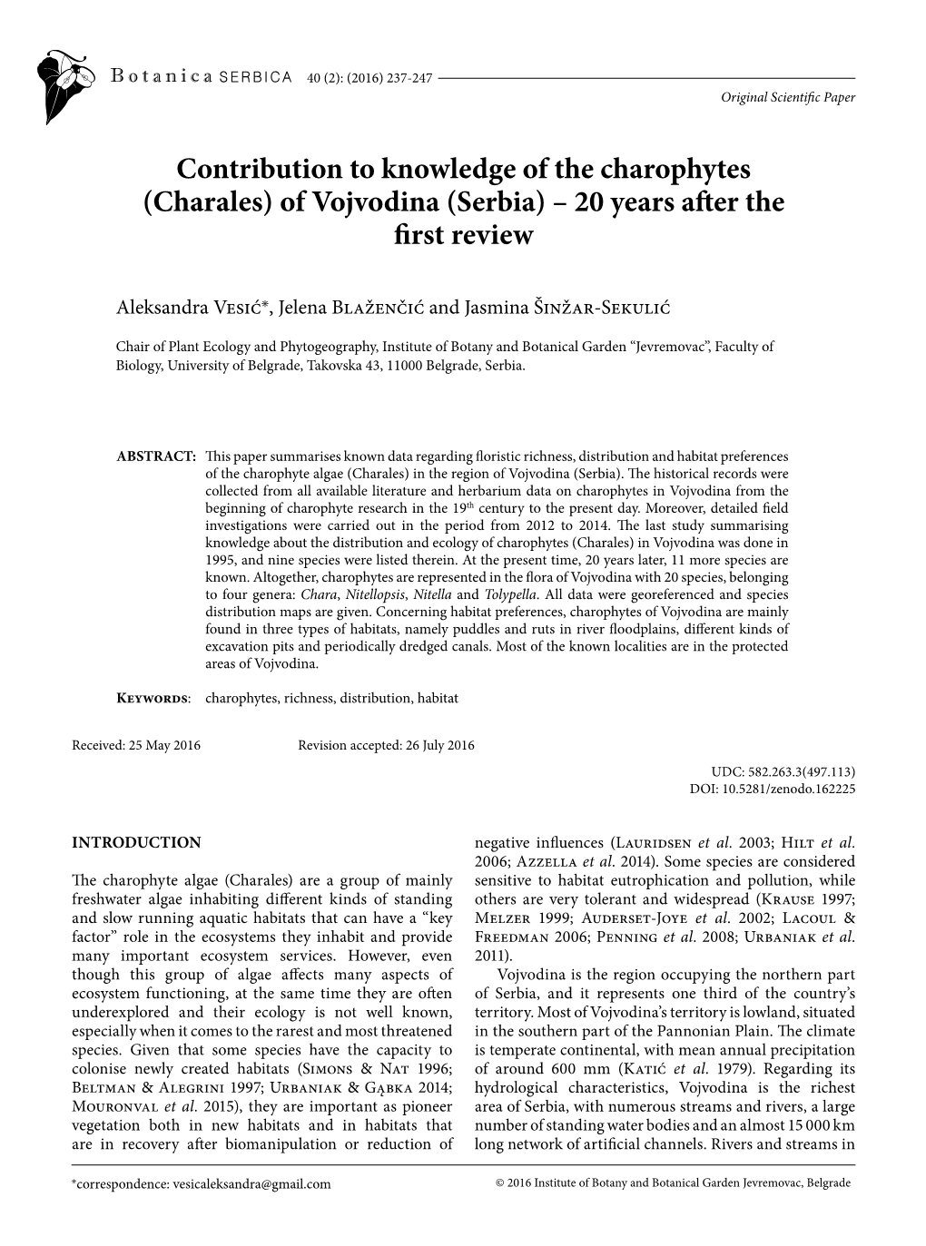 Charales) of Vojvodina (Serbia) – 20 Years After the First Review