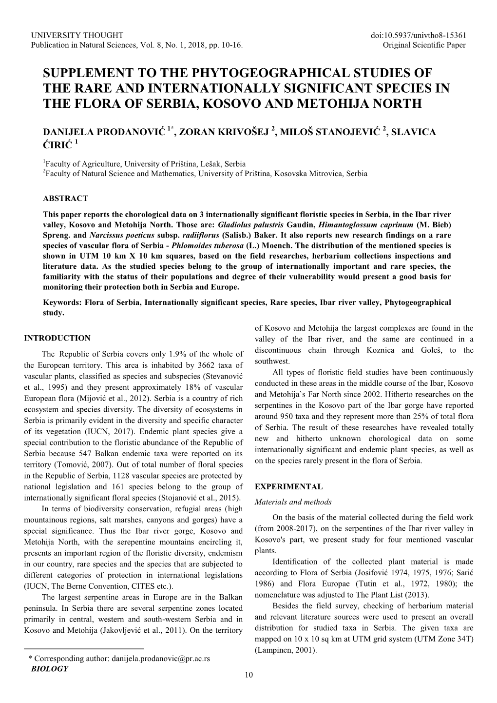 Supplement to the Phytogeographical Studies of the Rare and Internationally Significant Species in the Flora of Serbia, Kosovo and Metohija North