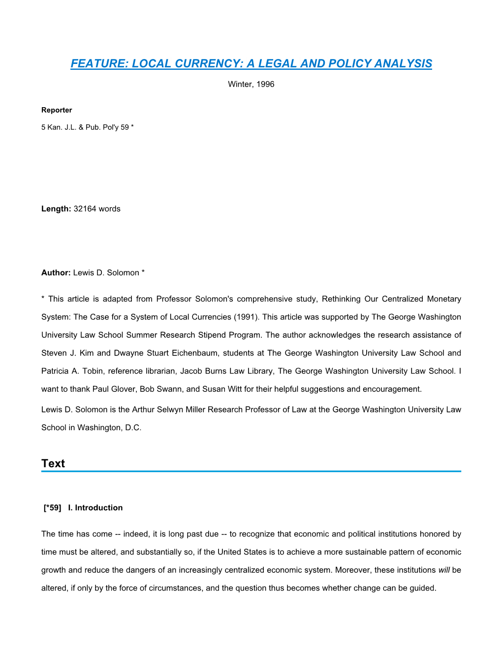 Feature: Local Currency: a Legal and Policy Analysis